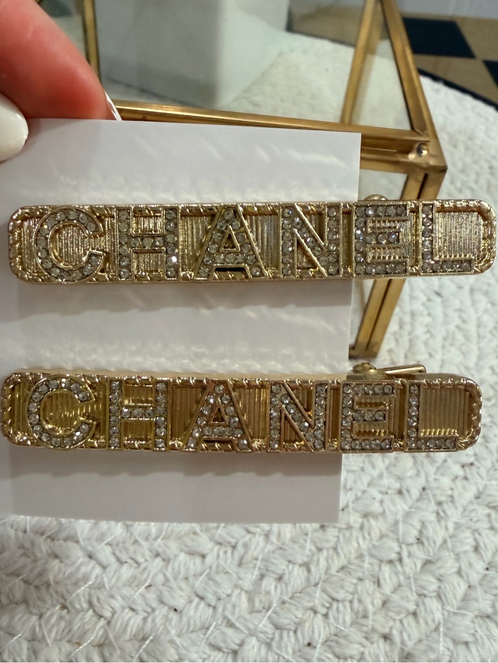 Compliments of CHANEL - 2 Gold Rhinestone Metal Hair Clips - New in bag - Picture 7 of 11